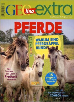 In dieser Ausgabe erzählt GEOlino extra etwas vom Pferd. Das Heft berichtet, wie Pferde vom Wild zum Arbeitstier und später zum treuen Gefährten wurden. GEOlino extra Reporter sprechen mit Tierschützern und begleiten die elfjährige Milena zu einem Mounted- Games- Turnier.