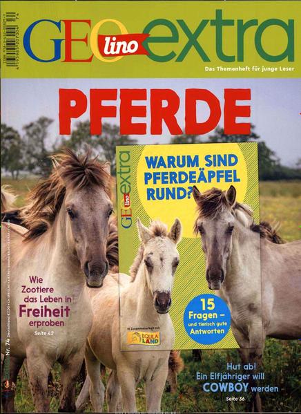 In dieser Ausgabe erzählt GEOlino extra etwas vom Pferd. Das Heft berichtet, wie Pferde vom Wild zum Arbeitstier und später zum treuen Gefährten wurden. GEOlino extra Reporter sprechen mit Tierschützern und begleiten die elfjährige Milena zu einem Mounted- Games- Turnier.