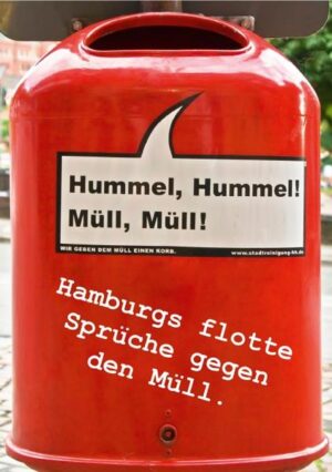 Müll. Eines der grossen Probleme in unseren Städten. Aus diesem Grund findet man Mülleimer auf Plätzen, an mehr oder weniger belebten Strassen. Mal sind sie auffällig in Farbe oder Aussehen. Oftmals sind sie von tristem unauffälligem Aussehen. In Hamburg sind sie rot. Fallen allein schon durch ihre Farbe auf. Und dazu noch ein flotter Spruch drauf, der uns zum Schmunzeln bringen soll, der uns aber in erster Linie zum Mitmachen animieren soll. Müllvermeidung, Müllverwertung, Recycling, etwas Wichtiges für die saubere Zukunft, für ein ansehnliches Stadtbild. Denn leider gibt es immer noch zu viele Menschen, die Zigarettenkippen einfach auf die Strasse werfen. Getränkeverpackungen landen in Büschen oder Sträuchern. Und Papier und ähnliches wird achtlos fallen gelassen. Deshalb … mach mit im Kampf gegen den Müll in unseren Städten. Müll mit! Ein Flipart vom Calvendo Verlag. Fliparts, das sind Posterbücher, also „Bücher zum Aufhängen“: auf mindestens 14 Einzelblätter gedruckte Bilder und Texte, die wie Wandkalender mit einer Spirale gebunden sind. Sie sind unkomplizierter als Poster, weil sie nicht gerahmt werden müssen, und sie sind abwechslungsreicher, weil sie durch einfaches Umblättern immer wieder ein anderes Motiv bieten. Flipart eben!