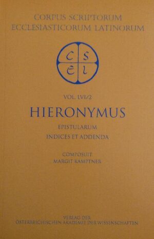 Hieronymus: Epistularum Indices et Addenda (comp. M. Kamptner 1996). Composuit Margit Kamptner // Mit dem verbesserten und durch Indices ergänzten Nachdruck der Briefe des heiligen Hieronymus stehen erstmals Bände der traditionsreichen Editionsreihe CORPUS SCRIPTORUM ECCLESIASTICORUM LATINORUM (CSEL) in überarbeiteter Form der Wissenschaft zur Verfügung. Die vorliegende Sammlung der Epistulae des Hieronymus, die einzige Gesamtedition dieses Werks, umfaßt jedoch nicht nur den lateinischen Text, sondern bietet auch einen Überblick über den Forschungsstand zu Textkritik und Quellen. Um dies zu gewährleisten, wurden die drei Bände, die Isidor Hilberg in den Jahren 1910 bis 1918 ediert hatte, in unverändertem Wortlaut nachgedruckt, doch jene Stellen gekennzeichnet, für welche in der Zwischenzeit Verbesserungsvorschläge zur Textgestaltung und Erkenntnisse zur Quellenlage publiziert vorliegen. Die exakten Angaben kann der Benützer dem neu erstellten Indexband entnehmen, der neben dem Index criticus Verzeichnisse der Bibel- und Klassikerzitate, der Eigennamen, der Briefadressaten und -verfasser sowie der Handschriften enthält.-Diese Art der Präsentation ermöglicht eine intensive Auseinandersetzung mit dem Briefcorpus des Kirchenvaters und soll eine zuverlässige Grundlage für künftige philologische, theologische sowie kirchen- und sozialhistorische Forschungen bieten.