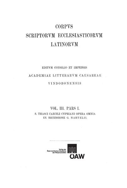 Inhalt: Thascius Caecilius Cyprianus: Opera omnia (pars 1) (ed. W. Hartel 1868). Ad Donatum, Quod idola dii non sint, Ad Quirinum (testimoniorum libri tres), De habitu virginum, De catholicae ecclesiae unitate, De lapsis, De dominica oratione, De mortalitate, Ad Fortunatum (De exhortatione martyrii), Ad Demetrianum, De opere et eleemosynis, De bono patientiae, De zelo et livore, Sententiae episcoporum numero LXXXVII (De haereticis baptizandis). Recensuit et commentario critico instruxit Guilelmus Hartel