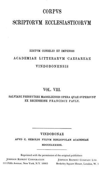Salviani Presbyteri Massiliensis opera omnia: Salvianus Massiliensis: Opera omnia | Franz Pauly