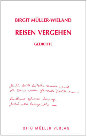 „Zwischen Erschrecken und Heiterkeit“, „Orgiastisches Dasein im Zeichen der Vergänglichkeit“, „unterschwellige Empörung“, „(…) die mitunter bestürzende Gleichzeitigkeit von Glück und Unglück in einer medial zum Dorf geschrumpften Welt“ - so lauteten einige der Presse - stimmen zu Birgit Müller- Wielands erstem Gedichtband Ruhig Blut. In ihrem neuen Band mit dem Titel Reisen Vergehen wird das Thema „Reisen“ erneut in allen Facetten ausgelotet: Unterschiedliche Orte und Gegenden werden ebenso wie Erinnerungen an die Kindheit, Mutterschaft oder Ausflüge in mythische und imaginäre Zusammenhänge poetisch aufgeladen. Obwohl das Begleitpersonal dieser Reisen zuweilen aus Toten, Hexen, Fuchsfeen und unzuverlässigen bis rettenden Engeln besteht und allerlei Tiere von Eseln über Lipizzaner bis zu Seeunge - heuern die Gedichte bevölkern, geht es um unsere Wirklichkeit, um das, was uns in seiner Gleichzeitigkeit immer wieder verstört: das Schöne, das Schreckliche.