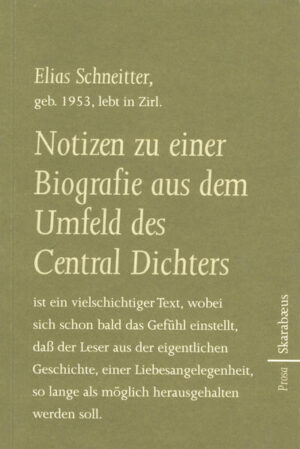 "Notizen zu einer Biografie aus dem Umfeld des Central Dichters" ist ein vielschichtiger Text, wobei sich bald das Gefühl einstellt, dass die Leser aus der eigentlichen Geschichte, einer Liebesangelegenheit, so lange als möglich herausgehalten werden sollen. Mit einem Vorwort von Heinz D. Heisl.