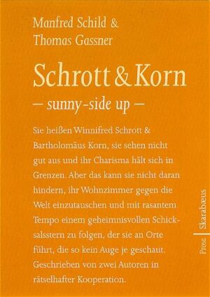 Sie heißen Winnifred Schrott & Bartholomäus Korn, sie sehen nicht gut aus und ihr Charisma hält sich in Grenzen. Aber das kann sie nicht daran hindern, ihr Wohnzimmer gegen die Welt einzutauschen und mit rasantem Tempo einem rätselhaften Schicksalsstern zu folgen, der sie an Orte führt, die so kein Auge je geschaut. Geschrieben von zwei Autoren in rätselhafter Kooperation.