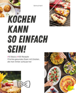 ES WAR NOCH NIE SO LEICHT, GESUND ZU KOCHEN! SELBER ZU KOCHEN IST EN VOGUE! Kaum ein Thema beschäftigt unsere Gesellschaft mehr als das ESSEN, das wir auf den Tisch stellen. Viel zu oft verlassen wir uns dabei nicht auf unser Gefühl, sondern eifern Ernährungstrends hinterher. Aber ist das ALLTAGSTAUGLICH? Essen soll SCHMECKEN, SATT MACHEN UND GESUND SEIN. HUNGER? KOCHKREATIVITÄT AM NULLPUNKT? - DAS WAR EINMAL! Zwischen JOBHEKTIK, SPIELPLATZVERABREDUNGEN UND TREFFEN MIT FREUND*INNEN möchten wir doch irgendwo die ZEIT finden, GEHALTVOLLE GERICHTE zu zaubern. SCHNELL soll's gehen, UNKOMPLIZIERT sein und am besten AUSGEWOGEN. Ein Erfolgsrezept dafür? KOCHEN MT ZEHN BASICS, die man immer griffbereit hat: GETREIDE, GRIESS, REIS, NUDELN, LINSEN UND BOHNEN, BROT, KARTOFFELN, MILCHPRODUKTE, GEMÜSE UND EIER. Klingt geläufig? Ist doch gut so! Je besser man die Zutaten kennt, desto einfacher ist das Zubereiten. SAG DER LANGEWEILE AUF DEM TELLER DEN KAMPF AN - GANZ OHNE KOPFZERBRECHEN. Die 100 Rezepte zu den zehn Basics werden ganz sicher zum DAUERGAST AUF DEINEM SPEISEPLAN. Kombiniert mit SAISONALEM OBST UND GEMÜSE wird jede Mahlzeit zu einem besonderen Erlebnis! Wie wär’s mit BUCHWEIZEN-BLINIS MIT GERÄUCHERTER FORELLE, QUINOALAIBCHEN MIT ERBSENCREME oder duftendem KÜRBISCURRY MIT REIS? Gertrud Hartl weiß: GESUND KOCHEN IM ALLTAG MUSS EINFACH SEIN - dann bleibt auch viel mehr Zeit zum GENIESSEN! -Ein Thema, das uns alle beschäftigt: schnell etwas Gesundes auf den Tisch zaubern. -Wissen, was drin ist: Jedes Rezept enthält Informationen zu den Inhaltsstoffen einer besonderen Zutat. -Schluss mit nervenaufreibendem Einkauf nach der Arbeit: kochen mit den Must haves der Vorräte. -Rezept aussuchen, Basics checken, mit saisonalem Gemüse und Obst aufpeppen - satt sein! -Praktische Tipps und Tricks für die perfekte Ausstattung des Vorrats- und Gewürzschranks