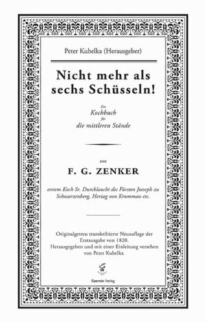 F. G. Zenker war Koch am Hof des Fürsten Schwarzenberg zu Beginn des 19. Jahrhunderts. Für alle Aspekte der traditionellen Küche war er die führende Autorität. Mit seinem bahnbrechenden Kochbuch „Nicht mehr als sechs Schüsseln!“ wandte er sich in einer für die Zeit ausgesprochen modernen Sprache von der höfischen Küche ab und den mittleren Stände zu. Denn schon damals war die bürgerliche Hausfrau und nicht ein höfischer Angestellter der künstlerische Vorstand der eigentlichen Küche. Der programmatische Titel „Nicht mehr als sechs Schüsseln!“ richtet sich polemisch gegen die höfische Prunkküche zugunsten einer für jeden bürgerlichen Haushalt möglichen essentiellen Küche. Zenkers Kochbuch wurde nach seinem Erscheinen 1820 schnell zum Standardwerk, geriet aber in den darauf folgenden Jahrzehnten wieder in Vergessenheit. Die nun erscheinende erste Neuauflage des Buches soll diesen Klassiker wieder zum Leben erwecken. Mit der Neuauflage von Zenkers Klassiker will der Czernin-Verlag dieses Wissen nach fast 200 Jahren wieder einer breiten Öffentlichkeit zugänglich machen.