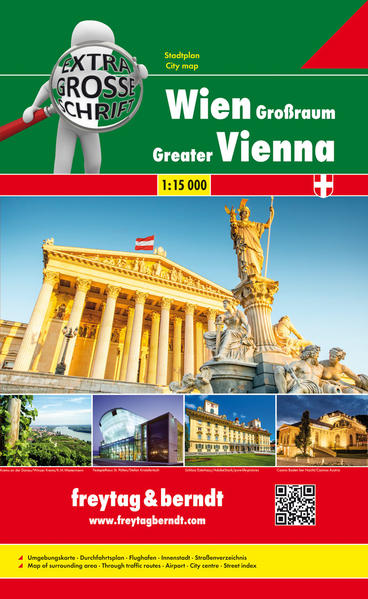 freytag & berndt Stadtpläne sind für viele internationale Hauptstädte sowie zahlreiche Städte und Orte im In- und Ausland erhältlich. Mit den handlichen Faltplänen und praktischen Buchplänen findet man sich dank der genauen Maßstäbe und des übersichtlichen Kartenbilds überall gut zurecht. Der Städteatlas "Großraum Wien 1:15.000" ist in Extra großer Schrift gedruckt und bietet zahlreiche Zusatzinformationen wie einen U-Bahn-Plan, Innenstadt-Plan, öffentliche Verkehrsmittel und Sehenswürdigkeiten. Im umfangreichen Index finden Sie außerdem jede Adresse. Alle Inhalte werden natürlich regelmäßig aktualisiert. Großformat A4, Einbahnen, Kurzparkzonen, Innenstadtplan, Straßenverzeichnis, Firmenstandorte, Sehenswürdigkeiten, Öffentliche Verkehrsmittel, Flughafen Wien, Durchfahrtsplan, Autokarte Großraum Wien 1:225.000