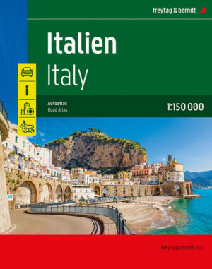 Der Straßenatlas Italien 1:150.000 ist der richtige Begleiter für alle Urlauber die Italien mit dem Auto entdecken und das Dolce Vita auch links und rechts der Autobahn kennenlernen wollen. Er ist ideal für die Planung und erweist sich auch während der Reise als unverzichtbare Orientierungshilfe. Mit dem detaillierten Kartenbild und dem genauen Maßstab lassen sich auch weniger befahrene Nebenstraßen entdecken. Landschaftlich schöne Strecken sind farblich hervorgehoben. Informationen zum Straßenatlas Italien Maßstab 1:150.000 Spiralbindung verdeckt Touristische Informationen Ortsregister mit Postleitzahlen Camping- und Stellplätze 24 Innenstadtpläne 528 Seiten, Format 23.5 x 29,7 cm Der ideale Autoatlas für Italien Das dichte Straßennetz ist exakt abgebildet, landschaftlich schöne Abschnitte und Touristenstraßen sind farblich hervorgehoben und viele Ausflugsziele sind in der Karte eingezeichnet. Auto- und Motorradfahrer schätzen die exakte Kartographie von freytag & berndt besonders für die Planung und Orientierung vor Ort. Damit die Reise auch mit Wohnmobil, Wohnwagen oder Camper gut planbar ist, sind alle Camping- und Stellplätze im Atlas eingezeichnet. Verdeckte Spiralbindung Der Autoatlas Italien ist besonders komfortabel in der Handhabung da er sich durch die Spiralbindung bequem aufklappen lässt. So bleibt die gewünschte Seite auch während der Fahrt immer geöffnet. Innenstadtpläne Mit den 24 enthaltenen Cityplänen kann man sich in den Städten gut orientieren: Ancona, Aosta, Bari, Bologna, Bozen, Cágliari, Campobasso, Catanzaro, Florenz, Genua, L'Aquila, Meran, Mailand, Neapel, Palermo, Perúgia, Potenza, Rom, Turin, Trento, Triest, Venedig, Vatikan, San Marino. Gedruckt in Österreich