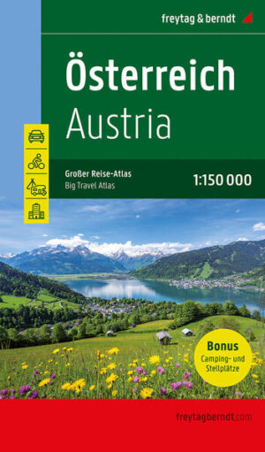 Neben der detaillierten Autokarte 1:150.000 bietet der Große Reise-Atlas Österreich eigene Karten für die Gebiete um München, Brünn, Bozen, Budweis und das Drautal. Diese erweiterte Ausgabe beschreibt zudem 100 sehenswerte Freizeitziele, bietet ein Verzeichnis aller Camping- und Stellplätze und gibt Kurzinfos zu 14 Radrouten, darunter etwa den Donau-Radweg und Tauernradweg. Auto- und Freizeitkarte Österreich 1:150.000 Camping & Stellplätze 100 Freizeitziele Radwege Planungskarte Österreich Autokarte Europa 1:3,5 Mio. Ortsregister Citypläne der Landeshauptstädte Deutsch / Englisch