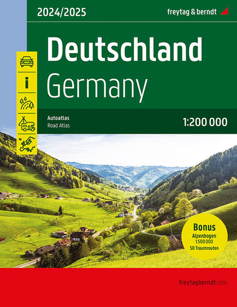 Der Straßenatlas Deutschland 1:200.000, 2024/2025 ist der ideale Begleiter für alle, die in Deutschland mit dem Auto unterwegs sind und dabei nicht nur die Autobahn nutzen möchten. Er ist ideal für die Planung und erweist sich auch während der Reise als unverzichtbare Orientierungshilfe. Mit dem detailreichen Kartenbild und dem genauen Maßstab lassen sich auch weniger befahrene Nebenstraßen entdecken, die in Übersichtskarten meist gar nicht eingezeichnet sind. Landschaftlich schöne Strecken sind farblich hervorgehoben. Im Kapitel „Traumrouten“ werden 50 der schönsten Routen Deutschlands auf 20 Seiten beschrieben. Informationen zum Straßenatlas Deutschland 2024/2025 Deutschland 1:200.000 Alpenbogen 1:500.000 Europa 1:3,5 Mio. Spiralbindung verdeckt 50 Themen- und Ferienstraßen Camping- und Stellplätze Reduzierter Index (Gesamter Index online abrufbar) 312 Seiten, Format 23 x 29,7cm Der beste Autoatlas für Deutschland Das dichte Straßennetz ist exakt abgebildet, landschaftlich schöne Strecken und Touristenstraßen sind farblich hervorgehoben und viele Ausflugsziele sind in der Karte eingezeichnet. Auto- und Motorradfahrer schätzen die exakte Kartographie von freytag & berndt besonders für die Planung und Orientierung vor Ort. Damit die Reise auch mit Wohnmobil, Wohnwagen oder Camper gut planbar ist, sind alle Camping- und Stellplätze im Atlas eingezeichnet. 50 Traumrouten „Raus aus dem Alltag, entschleunigen und die Landschaft genießen“ lautete die Devise bei der Auswahl der 50 beschriebenen Themen- und Ferienstraßen. Sie verteilen sich über ganz Deutschland und spiegeln mit ihren unterschiedlichen thematischen Schwerpunkten die Vielfalt der Bundesrepublik wider.