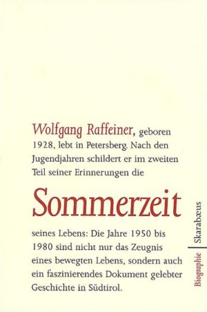 Im zweiten Teil seiner Erinnerungen, "Sommerzeit", berichtet Wolfgang Raffeiner aus der Zeit von den 1950er Jahren bis in das zu Ende gehende 20. Jahrhundert. Raffeiners Lebensgeschichte, erzählt in einem unprätentiösen und sehr persönlichen Tonfall, erlaubt den Leser und Leserinnen verblüffende und spannende Einblicke in das Innenleben der Südtiroler Gesellschaft zwischen Nachkriegszeit und 80er Jahre: Der Autor verbindet sein Wissen über die politischen Auseinandersetzungen in Südtirol mit sensibler Beobachtung der gesellschaftlichen Entwicklungen. Seine Memoiren sind damit mehr als bloß die Rückschau auf ein individuelles Leben. Raffeiner erzählt zugleich eine exemplarische Geschichte aus dem Südtirol des 20. Jahrhunderts aus der subjektiven Perspektive eines Zeitgenossen, der die Geschichte seines Landes ebenso kennt wie die gegenwärtigen Brüche und Umbrüche in der Gesellschaft. So entsteht das eindringliche Bild eines Landes zwischen Bombenattentaten und Autonomiepaketen, zwischen den Kämpfen der Sprachgruppen und dem Zusammenwachsen der Europaregion Tirol, zwischen dem Festhalten an der Tradition und der Modernisierung des Lebens in allen Bereichen.