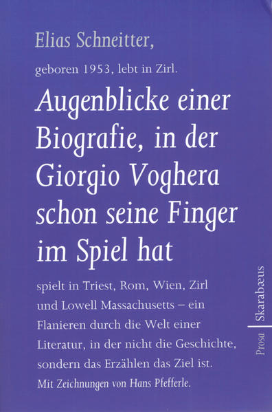 jedenfalls: die lineare erzählkunst ist eine erfindung wie der rechte winkel. beides gibt's im realen leben nicht wirklich. - getreu diesem Prinzip erzählt Elias Schneitter: Ohne ihn je wirklich zu berühren, umkreist er den Kern einer Geschichte, in deren Mittelpunkt der Triestiner Schriftsteller Giorgio Voghera steht. Er pendelt zwischen Triest, Rom, Wien, Zirl und Lowell Massachusetts, schnappt hier einen Gesprächsfetzen und dort ein Bild auf, notiert Gedankensplitter, Gesehenes und Gefundenes. Ein kleines Feuerwerk von originellen Gedanken und pointierten Formulierungen, ein Flanieren durch die Welt einer Literatur, in der das Erzählen das Ziel ist. Elias Schneitter, geboren 1953, lebt in Zirl/Tirol. Zahlreiche Veröffentlichungen (Lyrik, Prosa und literarische Cartoons) in Buchform sowie in Zeitschriften und Anthologien. Zuletzt erschien der Schelmenroman Frühstück mit Sonnenbrille (2005) bei Skarabæus.