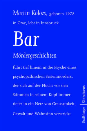 Martin Kolozs setzt seine Serie über den psychopathischen Serienmörder Jakob Schwind fort: Auch im zweiten Band seiner Kriminalerzählungen zeigt der Tiroler Autor keine Scheu vor den tiefsten Abgründen des Menschseins. Erzählend setzt er sich auf die Fährte Schwinds: Getrieben von der Wahnvorstellung, dass nur das Blut anderer Menschen ihn vor dem Tod retten kann, zieht er eine Spur der sinnlosen Gewalt. In knappen Sätzen, mit verblüffender Sachlichkeit und einer guten Portion Ironie führt Martin Kolozs die Geschichte von Jakob Schwind, die er in seinem ersten Buch Mon amie eröffnet hat, zu einem vorläufigen Ende. Kunstvoll verbindet er die atemlose Spannung mit der exakten Betrachtung der deformierten Psyche eines entgleisten Menschen zu fesselnden und beunruhigenden Erzählungen.