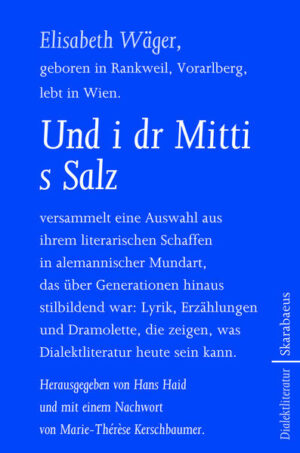 »Der Band Und i dr Mitti s Salz von Elisabeth Wäger ist als literarisches Kunstwerk und als verschrifteter Beleg einer sprachlichen Region, nämlich des Vorarlberger Oberlandes, zu einer bestimmten Zeit, das ist die zweite Hälfte des zwanzigsten Jahrhunderts, vorzustellen.« (Marie-Thérèse Kerschbaumer) Die alemannische Dialektdichtung von Elisabeth Wäger(-Häusle) gilt als stilbildend über ihre Generation hinaus - nicht nur für die Vorarlberger Literatur, sondern für die österreichische Dialektdichtung insgesamt. Fern von Heimattümelei und Kitsch, ist ihre Sprache Klang und Klage und wortlose Landschaft zugleich, ist Erinnerung in Geschichte geformt. Ihre Erzählung ist die von den Menschen und ihren Bedingungen, gebannt in Literatur. Und i dr Mitti s Salz versammelt eine Auswahl aus dem dialektliterarischen Schaffen Elisabeth Wägers - Gedichte, Prosastücke, moderne Sagen und Dramolette, die zeigen, wie innovativ und aufregend Dialektliteratur sein kann.