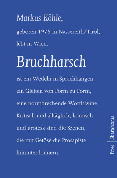 Burchharsch ist eine wahrlich sprachrauschhafte Angelegenheit: In der Manier der großen österreichischen Sprachartisten von Jandl bis Jonke übt sich Markus Köhle in seinem neuen Buch meisterhaft im experimentierfreudigen Textformen. Gewürzt mit Zutaten aus der Poetry-Slam-Kultur, verbindet der Autor in seinen Texten Komik, Kritik und Groteske. Der Stilbruch ist stets kalkuliert und sorgt für Überraschungen am laufenden Band. Bruchharsch ist eine Prosapiste in drei Stufen: Firn, Harsch, Sulz - eine bunte Textmischung, in der Alltagssituationen und der Schreibakt ebenso verhandelt werden wie Autorenleidenswege und Geschlechtsakte. Sprachskepsis hat das gleiche Gewicht wie Gesellschaftskritik, Humor und Ernst reichen sich die Hände. Markus Köhle führt hier ein Interview mit, gegen und für sich selbst. Er klopft die Sprache auf ihren Rhythmus ab und komponiert Texte von Moll bis Pop, von E bis U über EU, Gott, die Welt und Paralleluniversen.