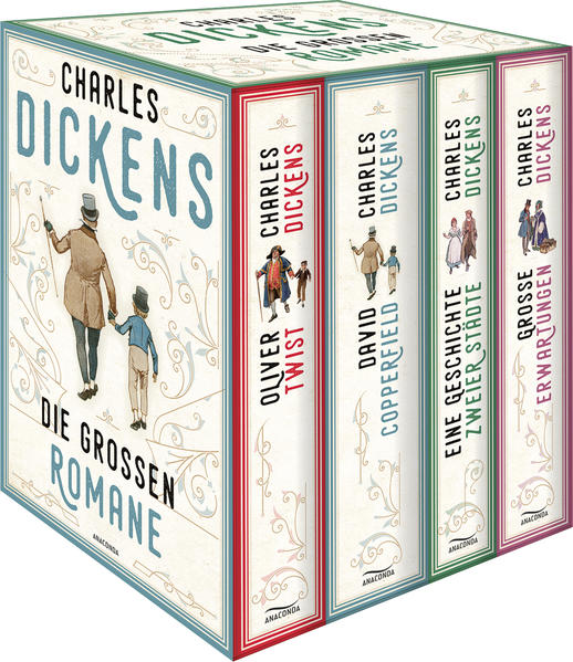 Dickens Romane begründen seinen Weltruhm. In diesem wunderschönen Schuber sind seine größten Werke versammelt: Das Schicksal des Findelkinds Oliver Twist im viktorianischen London. Die berührende Geschichte des sensiblen Jungen David Copperfield, der trotz aller Widrigkeiten seinen Weg findet. Die Liebe des nach London emigrierten Franzosen Darnay zur schönen Lucie, während in Paris die Revolution ihren blutigen Verlauf nimmt. Die großen Erwartungen, vor die der Waisenjunge Pip sich gestellt sieht, als ein unbekannter Gönner ihm ein besseres Leben ermöglicht. Ausstattung: teils mit s/w-Illustrationen (David Copperfield)