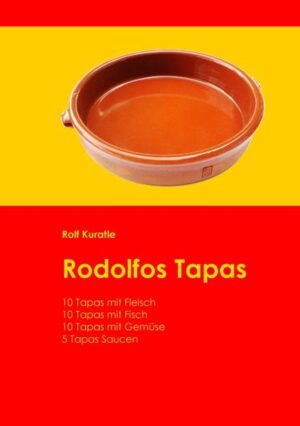 Das Spezielle an Rodolfos Tapas-Rezeptebuch ist die sehr klare und einfache Beschreibung, von den Zutaten bis zur Zubereitung. Dank präziser Angaben zu Mengen, Zeiten und Zutaten kann jeder Kochbegeisterte die Tapas sozusagen garantiert zubereiten. Der Autor hat die Rezepte vielfach ausprobiert und dabei bis ins Detail dokumentiert und optimiert. Ein wichtiger Mehrwert des Buches liegt in der Vorstellung eines passenden spanischen Top-Weines zu jedem Rezept. Aus dem Keller des Autors und somit auch selbst getestet. Also alles authentisch. Mehr Sein als Schein: Der praktische Nutzen liegt bei diesem Buch im Vordergrund. Es ist zum Kochen gemacht und nur für das. Deshalb ist es als kompaktes DIN A5 Ringbuch gebunden, damit es neben jedem Kochherd Platz hat. Und die 80 Seiten sind dick und abwischbar. Trotzdem sind alle 35 Rezepte vom Autor selbst bebildert. Tapas sind typische kulinarische Spezialitäten aus Spanien. Sie haben eine lange Tradition und sind heute so beliebt wie nie. Deshalb werden sie auch ausserhalb Spaniens in der Gastronomie und im Privaten immer öfter zubereitet. Tapas sind Häppchen. Man kann sie, wie ursprünglich vorgesehen, als Vorspeise servieren. Oft werden sie aber heute als ganze, grosse Mahlzeit für möglichst viele Gäste gekocht. Rodolfos Tapas sind alles traditionelle spanische Tapas aus den verschiedenen Regionen des Landes. Also einfach und spanisch bodenständig. Keine verrückten nouvelle cuisine Rezepte. Dafür mit originalen spanischen Zutaten, aber so ausgewählt, dass diese auch ausserhalb Spaniens im guten Supermarkt zu kaufen sind. Das Buch ist gegliedert in je 10 Tapas-Rezepte mit Fleisch, Fisch und Gemüse. Als Zugabe gibt es noch 5 Tapas-Saucen dazu.