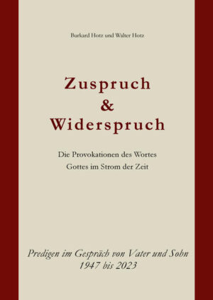 Der Titel Zuspruch und Widerspruch benennt die provokante Spannung, in die biblisches und geistgewirktes Predigen immer gestellt ist, denn Gottes Wort ist immer die frohe Botschaft der dankbaren Befreiung aus gottlosen Bindungen und damit das bedingungslose Ja zum Sünder und zugleich die Differenz und Nichtgleichstellung mit dieser Welt, wie der Apostel Paulus treffend sagt (Römer 12, 2), und damit das richtende Nein zur Sünde. In dieser Predigtsammlung kommt zu dieser dem Wort Gottes selbst innewohnenden Spannung allerdings noch ein weiterer Aspekt hinzu, die hier durch die jeweilige Zuordnung der Predigten erschlossen werden kann, nämlich das homiletische Gespräch von Vater und Sohn, das hier ebenfalls in Zuspruch und manchmal auch im Widerspruch geführt wird.