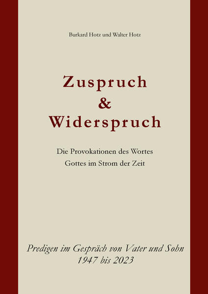 Der Titel Zuspruch und Widerspruch benennt die provokante Spannung, in die biblisches und geistgewirktes Predigen immer gestellt ist, denn Gottes Wort ist immer die frohe Botschaft der dankbaren Befreiung aus gottlosen Bindungen und damit das bedingungslose Ja zum Sünder und zugleich die Differenz und Nichtgleichstellung mit dieser Welt, wie der Apostel Paulus treffend sagt (Römer 12, 2), und damit das richtende Nein zur Sünde. In dieser Predigtsammlung kommt zu dieser dem Wort Gottes selbst innewohnenden Spannung allerdings noch ein weiterer Aspekt hinzu, die hier durch die jeweilige Zuordnung der Predigten erschlossen werden kann, nämlich das homiletische Gespräch von Vater und Sohn, das hier ebenfalls in Zuspruch und manchmal auch im Widerspruch geführt wird.