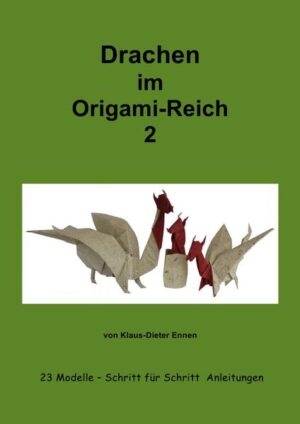 23 verschiedene Drachen, von leicht bis mittelschwer nachzufalten. Bei einigen Drachen ist es von Vorteil, wenn das Papier 2 verschiedene Farbseiten haben. Dadurch wirken die Drachenmodelle noch interressanter, als einfarbiges Papier.