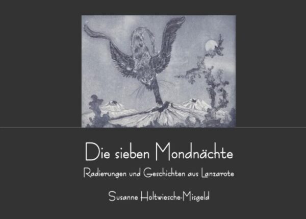 Susanne Holtwiesche- Misgeld beschreibt als Künstlerin in Wort und Bild sieben nächtliche Wanderungen zwischen erloschenen Vulkanen auf der kanarischen Insel Lanzarote. Der Bildband enthält 8 zum Teil in Originalgröße wiedergegebene ganzseitige Abbildungen filigraner Radierungen. Durch die visuelle Sprache kann sich der Leser die eigenwillige Farbigkeit der trockenen Lavaflüsse bei untergehender Sonne und im Mondlicht sehr gut vorstellen. Auch die bizarr zerklüfteten Lavaablagerungen lassen der Imagination freien Lauf. Unentwegt sind in den Geschichten kleine Erdgeister damit beschäftigt, Einhörner, Baumfrauen und Baummänner, Hermaphroditen, Eulenschlangen und Katzen mit Tau zu versorgen. Das Auge als Symbol einer beseelten und lebendigen Erde reflektiert in Steinen und Pflanzen die ihr entgegengebrachte Freude und auch das Leid. Eine Eulenschlange kommuniziert z. B. in Mondnacht V lautlos mit einem Baummann. Durch die Ausdruckskraft der Formen dieser Mischwesen sind hier die fließenden Gedankenströme beinahe zu erahnen. In einem anderen Bild tanzen Erdgeister, Zentaur und Stier zu einer temperamentvollen Windmusik. Spürbar ist in Wort und Bild auch die warme Vulkanerde, die sich noch ganz jung anfühlt und eine unbefangene Frische ausstrahlt. Nach dieser Wanderung durch die Lavafelder durchquert der Leser in Mondnacht VII eine grüne Oase mit Palmenhainen, Rebstöcken und blühenden Pflanzen und erreicht schließlich eine Höhle mit einem Dom aus tausend Säulen, Stalaktiten und Stalagmiten. Auf mondbeschienenem hellen Sand am Ufer des Meeres führt die Traumreise zurück nach Hause und damit auch wieder in das alltägliche Leben.