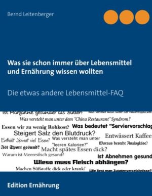 Dies ist ein Buch über populäre Fragen zur Ernährung der anderen Art. Der Lebensmittelchemiker Bernd Leitenberger sieht die Frage als Aufhänger, um tiefer in ein Thema einzusteigen. Ziel des Autors ist es, dem Leser unterhaltsam einiges über Ernährung und Lebensmittel beizubringen. Die Beantwortung einer Frage erstreckt sich so im Durchschnitt über 1-2 Seiten. Die insgesamt 190 Fragen gliedern sich in vier Gebiete. Das erste Kapitel befasst sich mit Lebensmitteln, ihren Inhaltsstoffen und ihrer Herstellung, der zweite große Block behandelt die Ernährung, ernährungsbedingte Krankheiten und die Nährstoffe. Deutlich kleiner sind die beiden anderen Kapitel über Lebensmittelzusatzstoffe und Rückstände zum einen und Lebensmittelrecht und Kennzeichnung zum anderen. Dort wird erklärt, wie man Zutatenverzeichnisse liest, wann Werbeaussagen irreführend sind, wie Zusatzstoffe zugelassen werden und ob Süßstoffe nun tatsächlich dick machen. Unter den Fragen sind Dauerbrenner wie "Macht Schokolade glücklich", aber auch eher selten Gefragtes, wie "Wie viele Mahlzeiten am Tag sind optimal". Manche Fragen, wie "Wie gefährlich ist Cholesterin" sind ein ganzer Themenkomplex, und andere wie "Was versteht man unter dem metabolischen Syndrom", eher kurz zu beantworten. Manche Fragestellungen interessieren viele, wie "Wie liest man Zutatenverzeichnisse?", andere wohl eher eine Minderheit wie "Welche Ernährung bei Eisenmangel?" Das Buch hat den Anspruch, den Leser über Ernährung und Lebensmittel zu informieren, dabei aber auch in die Tiefe zu gehen. Es ist trotzdem ein Werk für jedermann ohne naturwissenschaftliche Vorbildung. So wurde auf chemische Gleichungen und Strukturformeln verzichtet und Fachbegriffe erklärt. Das Buch spannt einen Bogen von der Lebensmittelchemie (Zusammensetzung der Lebensmittel und Wirkung von Inhaltsstoffen) über Lebensmitteltechnologie (Herstellung von Nahrungsmitteln, Veränderungen der Lebensmittel bei der Bearbeitung) und der Ernährungslehre (Fragen zur gesunden Ernährung, Folgen des übermäßigen Konsums oder des Mangels von Nährstoffen) zur Mikrobiologie (Gefahren durch Verderb, aber auch Lebensmittelvergiftungen) und Toxikologie (Belastung der Nahrung durch Rückstände und Kontaminanten). So findet der interessierte Leser in diesem Buch kompakt zahlreiche Fakten und Informationen im Kontext zu einem Thema gebündelt, für die er sonst etliche Fachbücher durchlesen müsste. Die zweite Auflage wurde um 37 Fragen und 72 Seiten erweitert.