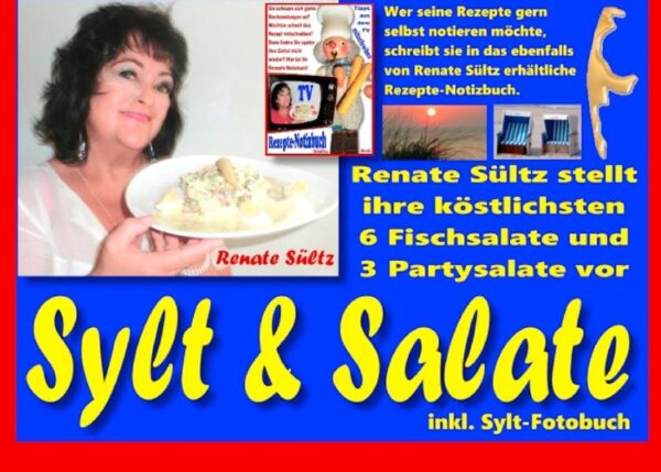 Sylt & Salate - Sie mögen Fisch? Renate Sültz auf Sylt stellt 6 ihrer Lieblingssalate vor. Schnell und einfach hergestellt. Sie erwarten Gäste oder haben eine kleine Party? Ruckzuck sind Omas Nudel- oder Eiersalat fertig. Und der leckere Kartoffelsalat ist nach Mutters Art. Verfeinert wird das kleine Kochbuch mit herrlichen Sylt-Bildern in Fotodruck. Viel Freude und "Guten Appetit" wünscht Renate Sültz