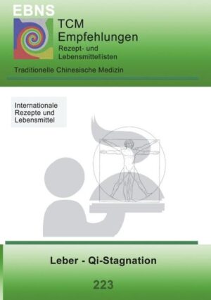 EBNS - Ernährungsberatung nach Syndromen - Rezepte- und Lebensmittellisten für die Ernährungstherapie der Traditionellen Chinesischen Medizin (TCM) bei Leber - Qi-Stagnation. Mit Essen allein schwer zu lösen, LeQI verteilen, bewegen. - heiß - NEIN, kalt - NEIN, sauer - WENIG, alles andere JA, vor allem BITTER. Die Rezepte sollen das betroffene Syndrom unterstützen und durch guten Geschmack motivieren. Die Lebensmittel werden in Kategorien empfehlenswert, ja, weniger und nein angezeigt und helfen bei der Orientierung, wenn eigene Rezepte gekocht werden sollen.