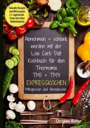 Wer schlank sein will und sich abwechslungsreich ernähren möchte, muss trotzdem nicht hungern. Die Low Carb Diät zeigt, dass auch bei einer kohlenhydratarmen Ernährungsform viel Genuss darin steckt. Dieses Kochbuch zeigt, wie leckere Low Carb-Gerichte für ein Abendessen und Mittagessen in maximal 30 Minuten zubereitet sind. Jedes Rezept enthält außerdem detaillierte Angaben zu Kohlenhydraten und Kalorien. Die Rezepte sind geeignet für den Thermomix TM31 und TM5* - *Bei der Bezeichnung "Thermomix" handelt es sich um eine geschützte Marke der Firma Vorwerk (CH). Inhaltsverzeichnis: Low Carb Mittagessen Rezepte: Schweineschnitzel mit Möhren-Basilikum-Gemüse Feuriger Topinambur-Eintopf Mini-Pizzen mit Salami Champignons gefüllt mit Putenschinken und Feta Matjes mit Sour Cream Brokkoli-Käse-Muffins mit Speck Heidelbeer-Kaiserschmarrn Gebackene Eier in Tomaten-Paprika-Soße Camemberts in Mandelpanade mit Apfel-Feldsalat Chicorée Crêpes gratiniert Fluffiger Quarkauflauf mit Beeren Parmesan-Tomaten Low Carb Abendessen Rezepte: Hackfleisch-Kohlrabi-Topf Rosenkohl-Kürbis-Topf mit Fleischwurst Gefüllte Pfannkuchenröllchen mit Lachs und Käse Hackfleisch-Gemüse-Suppe Fischröllchen gefüllt mit Avocadocreme Apfel-Chicken-Curry Spitzkohlgratin mit Speck Käse-Schinken-Sesam-Burger Gemüseröstis Mangold-Gnocchi in Salbeisoße Zoodles (Nudeln aus Zucchini) in Sahne-Basilikum-Soße Pfifferling Ragout Blumenkohl Couscous