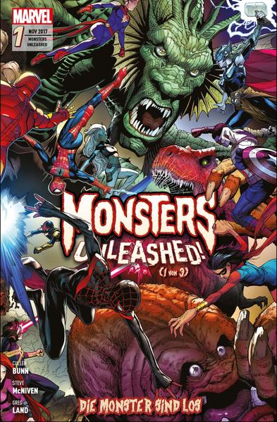 DIE MONSTER SIND LOS… Überall auf der Welt greifen gigantische Ungetüme an und sorgen für Chaos und Zerstörung. Und obwohl die Avengers, die Guardians of the Galaxy, Captain Marvel, die X- Men, die jungen Champions um Ms. Marvel, die Inhumans und sogar das ungleiche Duo SpiderMan und Deadpool eng zusammenarbeiten und sich den Monstern stellen, scheinen die Gegner zu gewaltig und vor allem zu zahlreich zu sein. In der Zwischenzeit folgt die erfahrene, furchtlose Monsterjägerin Elsa Bloodstone den Spuren einer alten Prophezeiung, die sie womöglich zur Wurzel allen Übels führt… Der erste von drei Bänden mit dem kompletten Monster- Crossover, inszeniert von Cullen Bunn (DEADPOOL KILLT DEADPOOL), Steve McNiven (WOLVERINE: OLD MAN LOGAN), Greg Land (IRON MAN) und anderen.