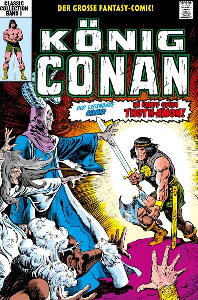 DER BARBAR ALS KÖNIG Marvels dritte klassische Comic- Serie über Robert E. Howards legendären Fantasy- Helden, die Conans Jahre und Abenteuer als König von Aquilonia behandelt - Mit Restaurierter Kolorierung! DIESER SAMMELBAND ENTHÄLT KING CONAN 1- 19 SOWIE REICHLICH BONUSMATERIAL EIN BARBAR ALS KÖNIG BEI MARVEL Conan entwickelte sich bei Marvel ab den 1970ern zu einer echten Comic- Legende. Neben der bunten Heftserie CONAN DER BARBAR und der schwarzweißen Magazinreihe THE SAVAGE SWORD OF CONAN startete man 1980 deshalb einen dritten Conan gewidmeten Titel mit barbarenstarker Comic- Action: KING CONAN! Dieser Sammelband präsentiert die ersten gut anderthalb Jahre der klassisch anmutenden Fantasy- Comic- Heftserie, und zwar wie gewohnt in den sorgfältig restaurierten Originalfarben. Während Conan sonst meistens als Abenteurer, Dieb, Pirat, Söldner, Räuber und anderes in Aktion trat, konzentrierte sich diese Serie ganz und gar auf einen älteren Conan, der als König auf dem Thron von Aquilonia sitzt. Das kommt nicht von ungefähr: Bereits in der allerersten Erzählung von seinem Schöpfer Robert E. Howard wurde Conan als erfahrener Haudegen und eben als König porträtiert, der sich einer Gruppe Verschwörern stellen muss. In den Marvel- Comics über König Conan setzten die Macher um die Autoren Roy Thomas und Doug Moench auf eigene Storys, oder sie adaptierten Prosa- Vorlagen von Howards Nachfolgern Lyon Sprague de Camp und Lin Carter. So oder so hat der Cimmerier mit Zenobia eine Königin an seiner Seite, und mit Conn einen Sohn. Doch wer denkt, dass der legendärste Krieger der Fantasy durch die schwere Krone oder einen jungen Erben in irgendeiner Form zahmer wird, irrt gewaltig. Conan stellt sich noch immer jedem Feind, jeder Bestie, jeder Ungeheuerlichkeit. Fast scheint es sogar, als habe Conan als König mehr menschliche und monströse Gegner denn je! Nicht zuletzt den finsteren Zauberer Thoth- Amon … Zeichnerisch ist dieser erste Band mit König Conans Comic- Abenteuern ein Generationentreffen. John Buscema, der Marvels Superhelden, aber eben auch die ersten beiden Conan- Titel aus dem Haus der Ideen Jahrzehnte lang dominiert hat, verlieh auch den königlichen Erlebnissen des Cimmeriers einen unverkennbaren Look. Dann wurden die royalen Raufereien des Barbaren vom aufstrebenden Künstler Marc Silvestri übernommen, der binnen weniger Jahre zum Superstar werden und die späten 1980er sowie die düsteren 1990er des US- Comics als stilprägender Fanliebling mitdefinieren sollte. Neben einem Vorwort mit den Erinnerungen von Marvel- Motor und Conan- Kenner Roy Thomas enthält dieser Sammelband als Extras noch Artikel, Werbematerial und schwarz- weiße Originalseiten.