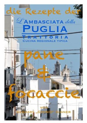 in diesem Buch sind sämtliche Brot- und Focacciarezepte aus dem großartigen kulturhistorischen Kochlesebuch: "Das Vermächtnis der Ambasciata della Puglia" angeführt: BROTREZEPTE: Pane di patate e pettole, Olivenbrot, Pettole salate, Pettole dolce, Focaccia al pomodoro, Focaccia con melanzane, Focaccia ai carciofini, Focaccia con zucchine, Focaccia ai funghi, Focaccia alla boscaiola, Focaccia al rosmarino, Focaccia con mortadella, Focaccia alla cipolla, Panzerotti, Pane brindisino, Frise, Taralli, OLIVENÖL