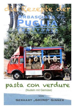 in diesem Buch sind sämtliche Gemüsepasta-rezepte aus dem großartigen kulturhistorischen Kochlesebuch: "Das Vermächtnis der Ambasciata della Puglia" angeführt: pasta, Nudeln, pasta con verdura, Nudeln mit Gemüse, Fedelini con aglio, olio e peperoncino, Orecchiette con pom. e basilico, Casarecci con zucchine, Cavatelli con pomodoro e rucola, cime di rape, Orecchiette alla pugliese, Wildgemüse, orobanca/sporchia,