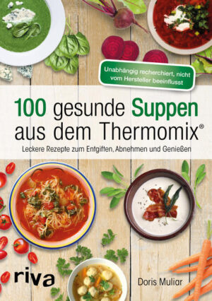 Sie möchten abnehmen und entgiften und dabei genießen? Mit dem Thermomix® lassen sich schnell und einfach leckere Suppen zaubern, die wenige Kalorien und Kohlenhydrate, dafür aber reichlich Ballaststoffe enthalten und Sie beim Gewichtsverlust und Detoxen unterstützen: Genießen Sie eine klare Brühe mit Grießnockerln, eine edle Garnelencreme mit Frühlingszwiebeln oder eine fruchtige Auberginen-Zitronen-Suppe. Das Buch erklärt, welche Gemüsesorten sich für welche Suppe eignen, welche besonderen Kräuter, Gewürze oder Proteinquellen Sie einsetzen können, wie Sie Suppen am besten aufbewahren und mit welchen Suppen Sie Gäste überraschen können. Mit den Schritt-für-Schritt-Anleitungen für den Thermomix® geht das auch noch ganz entspannt. Alle Rezepte wurden mit dem Thermomix® TM5 entwickelt und getestet. Außerdem enthält das Buch Rezeptpläne für eine dreitägige und eine sechstägige Suppenkur sowie eine ausführliche Warenkunde. Unabhängig recherchiert, nicht vom Hersteller beeinflusst. Mehr Informationen finden Sie unter: www.thermomix-fans.de