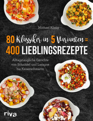 Mögen Sie Ihren Kartoffelsalat lieber mit Mayonnaise oder mit Essig? Und: Haben Sie den steirischen schon einmal probiert? Er schmeckt übrigens auch in den mediterranen Varianten mit Calamaretti oder mit Süßkartoffeln, Chorizo und Kirschtomaten. Dieses Kochbuch bietet Ihnen mit 80 Gerichten in je fünf Varianten insgesamt 400 Rezepte für jeden Geschmack: von Salaten und Suppen über Hauptgerichte, Beilagen, Snacks und Saucen bis hin zu Desserts und Kuchen. Mit dabei sind bekannte Klassiker wie Lasagne, Risotto, Frikadellen und Mousse au Chocolat ebenso wie Paella oder Caesar Salad. Es sind jeweils alle fünf Varianten des Gerichts abgebildet. So können Sie schnell Ihre Lieblingsvariante auswählen und diese ganz einfach nachkochen.