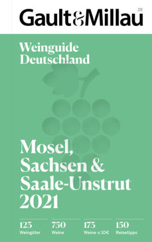 Der Weinguide „Mosel, Sachsen & Saale-Unstrut“ ist nach den Ausgaben „Baden & Württemberg“, „Pfalz“, „Franken, Nahe & Ahr“ sowie „Rheinhessen, Rheingau & Mittelrhein“ die Vollendung der Gault&Millau-Weinguide-Reihe 2021 für die deutschen Anbaugebiete. Ein genussvolles Kurzurlaubsprogramm, das zum Besuch beim Winzer und in die Regionen einlädt. Im Mittelpunkt stehen Weine und Winzer sowie deren Tipps für Restaurants, Gasthöfe, Weinstuben oder Vinotheken. Empfehlungen zu besonderen Spezialitäten der Regionen sowie der eine oder andere persönliche Geheimtipp der Experten und jede Menge wertvolle Reisetipps runden die Informationen ab. Der Regionalguide „Mosel, Sachsen und Saale-Unstrut“ präsentiert eine Vielzahl von Spitzen-Weingütern und deren Weine – darunter ausgewählte Alltagsweine bis 10€. Das Expertenteam um Otto Geisel bewertet und beschreibt 750 Weine aus den Anbaugebieten Mosel, Sachsen und Saale-Unstrut. Verkostet wurde blind, geordnet nach Rebsorten, Herkunft und Gewichtsklassen. Mit den Gault&Millau-Weinguides kann man sich auf genussvolle Reisen in die Anbaugebiete begeben, die hingebungsvolle Arbeit der Winzerinnen und Winzer, ihre stilvollen Vinotheken und die grandiosen Weine ganz persönlich erleben!