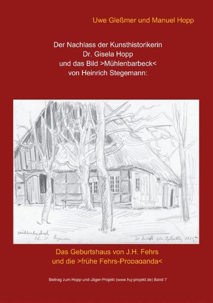 Durch das Dokumentationsprojekt zum Hamburger Architekturbüro von Bernhard Hopp und Rudolf Jäger ist auch der Nachlass der Hopp-Tochter von Interesse, da sich darin u.a. Korrespondenzen des Vaters vornehmlich aus der Nachkriegszeit finden (jetzt im Hamburgischen Architekturarchiv). Aber darüber hinaus ist eine Kunstsammlung erhalten, aus der speziell eines der Bilder von Heinrich Stegemann als historisches Dokument von Interesse ist. Es ist von Stegemann selbst mit dem Ortsnamen >Mühlenbarbeck< bezeichnet und 1917 während des ersten Weltkrieges gezeichnet worden. Dieser Ort hat einige Bekanntheit als Geburtsort des Dichters Johann Hinrich Fehrs erlangt, der im Jahr zuvor gestorben war. Zu dessen Gedenken und zur Verbreitung seiner Dichtungen wurde kurz nach seinem Tod bereits 1916 die Fehrs-Gilde von Jacob Bödewadt, Christian Boeck und dem Sohn Karl C. Fehrs gegründet. In der Propaganda für den Dichter sowie für die niederdeutsche Sprache und dörflich gebundene Heimatliteratur spielte dessen Geburtshaus zur Veranschaulichung der Bindung an dieses Milieu eine nicht unwesentliche Rolle. - Das zufällig erhaltene Stegemann-Bild zeigt, dass ein anderes für die Werbung immer wieder reproduzierte Bild des Geburtshauses regelmäßig seitenverkehrt dargestellt wurde. Die Spuren aus Archivalien mit den Briefwechseln der damals Beteiligten machen das Auffinden der Indizien fast zu einem kleinen historischen Krimi ... Zahlreiche Bilder und Hinweise auf die Quellen dokumentieren die neu zusammengetragenen Informationen.