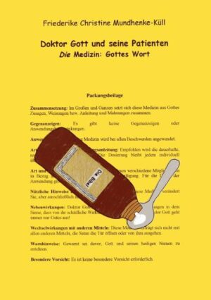 Doktor Gott möchte Sie, ganz auf Ihre Bedürfnisse abgestimmt, rundum heilen ... Dafür hält er eine ganzbesondere Medizin für Sie bereit, die Sie in keiner Apotheke oder Arztpraxis weltweit bekommen, denn sie ist einzigartig, weil göttlich: Gottesheiliges, heilendes Wort! ... Doktor Gott ist also Arzt auf jedem Gebiet, in jeder Fachrichtung, sei es für Körper, Seele oder Geist ... Und es kommt noch viel besser: Doktor Gott hat täglich 24 Stunden 7 Tage pro Woche Jahr für Jahr Sprechstunde ... Also: Schnell zu Doktor Gott, nichts wie hin in seine Sprechstunde... Seien Sie hier und jetzt in Doktor Gott's Sprechstunde live dabei! ... “Ich bin der HERR, dein Arzt!“ 165 Seiten mit zahlreichen Bibelpassagen