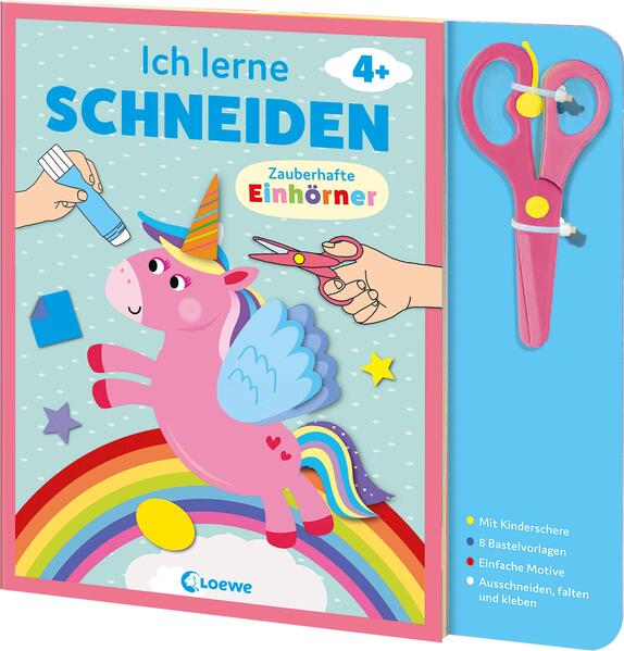 Schnipp, schnapp, schneiden lernen Hier können Kinder ganz leicht zauberhafte Einhörner basteln. Dabei werden sie nicht nur kreativ, sondern lernen auch Schritt für Schritt den sicheren Umgang mit der Schere. So macht Basteln Spaß! Erstes Basteln für Kinder ab 4 Jahren Mit Kinderschere 8 Bastelvorlagen mit ansteigendem Schwierigkeitsgrad Einfaches Prinzip: Ausschneiden, Falten, Aufkleben Fördert Feinmotorik und Konzentrationsfähigkeit