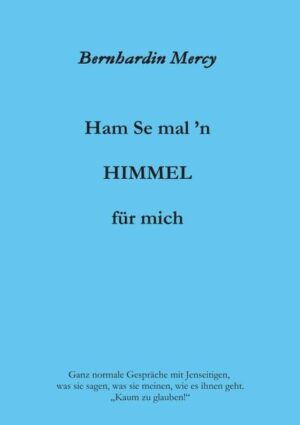 Mit diesem Buch schenkt B. M. uns Ein- blicke und Ein- sichten in die unsichtbare Welt (die so unsichtbar gar nicht ist). Ein Leseabenteuer, in einfacher Sprache mit Liebe geschrieben, erfahren wir bedeutsame Dinge, erhalten Einblicke in kosmische Zusammenhänge und erfahren über Möglichkeiten, direkt mit Seelen zu kommunizieren. Sie lesen unter anderem wortgetreue Wiedergaben von mentalen Gesprächen mit Lebenden und sogenannten Verstorbenen, mit Ungeborenen, Kindern, Erwachsenen, alten Menschen und auch Tieren. Spannend zu lesen! Das Buch kann Ihnen Trost und Hoffnung spenden, wenn Sie einen Menschen (oder ein Tier) verloren haben. Die Botschaft lautet: Zu jeder Zeit ist Fort- schritt, Er- lösung möglich, hier wie drüben. Machen Sie sich schon jetzt jenseitskundig.