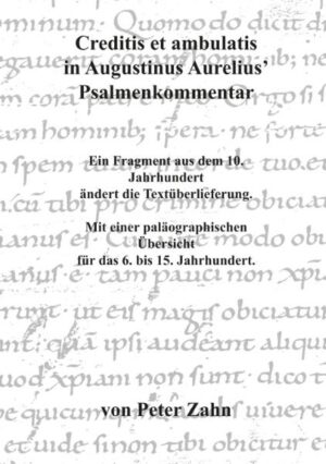 Der vorliegende Band berichtet im ersten Teil über den Fund eines Handschriftenfragments im Gemeindearchiv von Rio nell’ Elba, im Ostteil der gleichnamigen Insel. Der Ort war seit der Antike ein zentraler Platz für die Gewinnung von Eisenerz. Die großformatigen Pergamentblättern aus dem 10. Jahrhundert waren als Vorsatz und Umschlag in einen Einband des 15.-16. Jahrhunderts geklebt, der 1604 für eine Abschrift der örtlichen Minenstatuten zweitverwendet wurde. Der Text aus dem 10. Jahrhundert ist eine unbekannte Wendung aus dem Psalmenkommentar von Augustinus Aurelius (354-430). Inzwischen ist er in der Edition der Österreichischen Akademie der Wissenschaften von 2011 enthalten. Seine Besonderheit ist eine neue Version im Kommentar zu Psalm 30., „Creditis et ambulatis