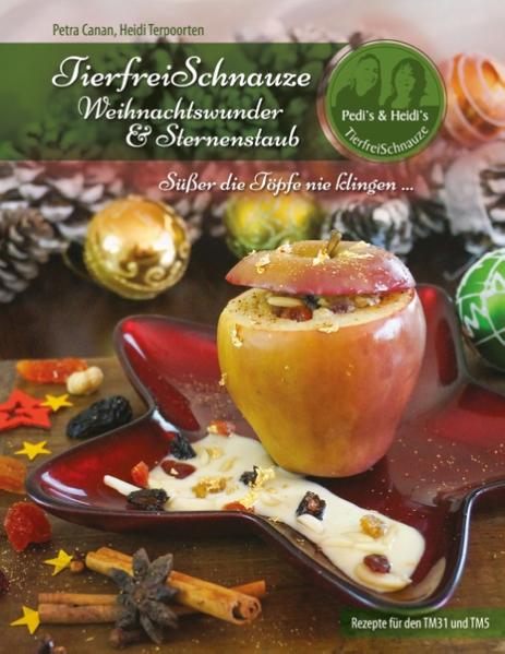 TierfreiSchnauze - Weihnachtswunder & Sternenstaub (Rezepte für den TM31 und TM5) will in gewohnter Weise Lust machen auf eine Fülle überraschender und raffinierter Rezepte für die Weihnachtszeit. Dass die vegane Küche Genuss, Vielfalt und Lebensfreude pur sein kann, zeigen wir euch wieder einmal mit unserem neusten Werk in gedruckter Form. Hier haben wir für euch sowohl tolle neu kreierte sowie veganisierte traditionelle und winterliche Lieblingsrezepte von unserem Blog www.tierfreischnauze.de gesammelt. Angefangen mit Gewürzmischungen wie Spekulatiusgewürz und selbst gemachtem Nougat über Bratapfelkuchen, X-mas Cheesecake, Ausstecherle, Florentiner, unseren legendären Amaranth-Kartoffel-Lebkuchen ... Feigen-Marzipan-Stollen, beschwipsten Bratapfel-Pralinen bis hin zu Apfel-Zwiebelschmalz, Rühreiern, Punsch-Marmelade, Kräuter-Tofu-Bällchen in Gemüsebrühe, einer faszinierenden Salattorte ... Weitergemixt mit Braten-"Rahm"-Soße, Hefebrezenknödel, Grünkern-Bratenmedaillons, Lebkuchen-Tiramisu, traditionellen schlesischen-Mohnklößen sowie Bratäpfeln mit Marzipansoße ist für jeden Geschmack und für jedes Menü etwas dabei. Drinks wie Orangen-Glühtee oder heiße Kirschbowle runden unsere bunte Rezeptmischung ab.