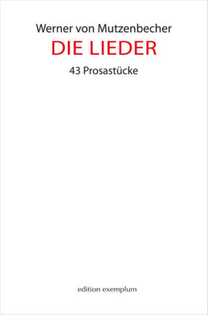 Heinrich Heine nannte die erste Sammlung seiner Gedichte »Das Buch der Lieder«, und Rilke formulierte: »… vielleicht bin ich ein Falke, ein Sturm oder ein großer Gesang…« Hier nun wollen auch einmal Prosatexte die Schwingung von Liedern für sich behaupten. Ohne Strophen, Reime, Verse, Rhythmen oder Melodien, die wir im klassischen Aufbau von Liedern kennen, stellt Werner von Mutzenbecher dreiundvierzig kurze Prosastücke unter dem Titel »Die Lieder« vor. Lakonisch folgt der Autor einem Konzept, das Ernst wie Ironie zulässt. Prägnant und kurzweilig, ohne den Anspruch, das eine Seite füllende Thema erschöpfend darzustellen, denkt er über Berufe und Berufungen, Naturerscheinungen, Wesen, Phänomene, Tiere oder Menschen nach. Allen Liedern ist eines gemeinsam: Sie preisen die denkbar Größten, Besten, Schönsten, Höchsten, Tiefsten ihrer Art. Hierbei geht es keineswegs um eine Form des Rankings, sondern jedes einzelne Loblied zeigt uns einen Superlativ, das wahrhaft mächtigste, kühnste, finsterste, liebste, eben größte Exemplar der jeweiligen Spezies. Dabei mischt sich Reales mit Märchenhaftem, wie beispielsweise bei der schönsten Stadt neben dem höchsten Berg. Überraschende Bezüge zu aktuellen Ereignissen wird man ebenso finden können wie erhabene Bilder vergangener Zeiten. Und mit Empathie, wenn auch nicht ganz frei von Skepsis, werden die Menschen und ihre Tätigkeiten besungen.