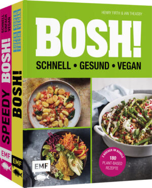 Über 180 vegane Lieblingsrezepte von den Erfolgsautoren BOSH Gesund und schnell gekocht: diese ultimativen Alltagsrezepte lassen sich in unter 30 Minuten zubereiten Inklusive Genuss-Rezepte mit extra wenig Fett und Zucker: vom fruchtigen Frühstück bis zum Soulfood-Abendessen Social-Media-Reichweite: @bosh.tv / @Bosh Facebook: 1,9 Mio. Follower Instagram: 840.000 Follower YouTube: 230.000 Follower