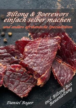 Biltong ist eine sehr beliebte Dorrfleischvariante aus Sudafrika. Durch die verwendeten Gewurze und schonende Trocknung ist Biltong ein sehr leckerer Fleischsnack. Aber nicht nur Biltong ist aus Sudafrika bekannt. Auch Boerewors, Bobotie, Koeksisters und Rosterkoek, sowie viele andere sudafrikanische Spezialitaten konnen Sie anhand der Rezepte ganz einfach nachkochen. Im Buch finden Sie ubrigens auch eine Bauanleitung fur eine eigene Biltong Box.