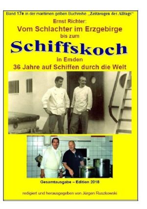 Die Lebenserinnerungen des Schiffskochs Ernst Richter bieten eine sehr detaillierte und farbige Darstellung seines interessanten Lebens als Koch auf Seeschiffen der 1960er bis 80er Jahre. Der aus dem Erzgebirge stammende Junge lernt in seiner Heimat das Fleischerhandwerk und kommt auf Umwegen nach Ostfriesland. Von Emden aus fährt er mit Begeisterung zur See, zunächst auf Frachtern in der Großen und Levante-Fahrt, später auf Kümos, Schleppern und Fährschiffen. Ein guter Koch ist eine der wichtigsten Personen an Bord für ein gutes Betriebsklima unter der Mannschaft! Dieser Bericht gibt den damals noch erlebnisreichen und abenteuerlichen Seemannsalltags an Bord und das vor prallem vitalem Leben strotzende Treiben in den Häfen der Welt wieder. Er liest sich spannend und aufschlussreich. - Aus Rezensionen: Ich bin immer wieder begeistert von der „Gelben Buchreihe“. Die Bände reißen einen einfach mit und vermitteln einem das Gefühl, mitten in den Besatzungen der Schiffe zu sein. Inzwischen habe ich ca. 20 Bände erworben und freue mich immer wieder, wenn ein neues Buch erscheint. oder: Sämtliche von Jürgen Ruszkowski aus Hamburg herausgegebene Bücher sind absolute Highlights der Seefahrts-Literatur. Dieser Band macht da keine Ausnahme. Sehr interessante und abwechselungsreiche Themen aus verschiedenen Zeitepochen, die mich von der ersten bis zur letzten Seite gefesselt haben! Man kann nur staunen, was der Mann in seinem Ruhestand schon veröffentlicht hat. Alle Achtung!