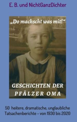 Die „Pfälzer Oma“ alias E.B. blickt auf ein überaus bewegtes Leben zurück! Als die gebürtige Ludwigshafenerin, inspiriert durch einen ihrer Enkel, im Frühjahr 2017 ihre prägendsten Erinnerungen niederschreibt, ist sie fast 87 Jahre alt. Herausgekommen ist eine beeindruckende Sammlung von Zeitzeugenberichten aus der Zeit von 1930 bis in die Gegenwart. Es ist ein Geschichten- und ein Geschichtsbuch. Mit Einfallsreichtum, hoher Risikobereitschaft und nicht zuletzt einer ungeheuren Schlagfertigkeit hat sich die „Pfälzer Oma“ durchs Leben gekämpft! Als Tochter eines Sozialdemokraten war sie „Jungmädel“ in der NS-Zeit, sie erlebte in ihrer Pfälzer Heimat Bombennächte und Hungerjahre, stellte sich schützend vor Zwangsarbeiterinnen, verlor zwei Brüder, baute vier Häuser, sie verwies französische Soldaten und eine Rockerbande in die Schranken – und hat Zeit ihres Lebens immer gelacht! Erleben Sie eine packende Zeitreise – und eine ungewöhnliche Persönlichkeit! E.B. lebt im Umland von Ludwigshafen, in der Nähe ihres Enkels.