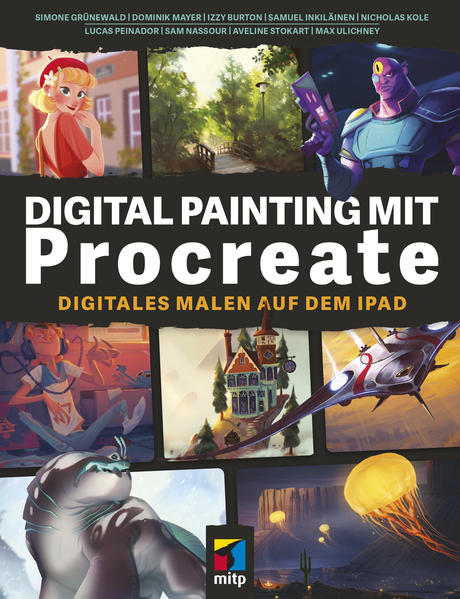 Einführung in die wichtigsten Procreate-Funktionen für digitales Malen 8 Tutorials professioneller Illustrator*innen mit detaillierten Schritt-für-Schritt-Anleitungen Illustration, Charakterdesign, Fantasy-Landschaften und -Kreaturen, Raumschiff, Science-Fiction-Wesen, Zeichnen im Freien und Malen wie mit traditionellen Medien Procreate ist die beliebteste App für digitales Malen und Zeichnen auf dem iPad. In diesem Buch zeigen dir Expert*innen, wie du mit Procreate deiner Kreativität freien Lauf lassen kannst und selbst zum digitalen Künstler wirst. Im ersten Teil des Buches lernst du alle Procreate-Funktionen und -Werkzeuge kennen, die du zum digitalen Malen brauchst: von der Oberfläche und den Bedienelementen über Gestensteuerung und Pinsel bis hin zum Einsatz von Farben. Du erfährst, wie du mit Ebenen arbeitest und zahlreiche beeindruckende Effekte kreierst. Im zweiten Teil findest du 8 Tutorials von bekannten Künstler*innen und Illustrator*innen mit detaillierten Schritt-für-Schritt-Anleitungen, so dass du genau nachvollziehen kannst, wie die einzelnen Bilder entstehen und erfährst, wie du deinen Workflow optimal gestaltest. Mit diesem Buch lernst du alles, was du für deine digitalen Kunstwerke brauchst. Lass dich inspirieren und setze deine eigenen kreativen Ideen um.