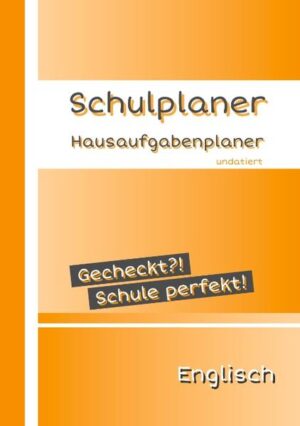 Der ideale Schülerplaner für alle, die im täglichen Schulalltag Probleme haben die englischen Zeitformen richtig anzuwenden. Deshalb werden die 12 wichtigsten, englischen Zeitformen grammatikalisch erläutert. Undatierter Schulplaner - Hausaufgabenplaner - Hausaufgabenheft für Schüler ab der 5. Klasse bis zur 12. / 13. Klasse. Der Hausaufgabenplaner bietet Platz für Einträge während 40 Schulwochen und ist somit für ein ganzes Schuljahr ausreichend. Da der Schulplaner undatiert ist, kann man mit dem Wochenplaner das ganze Jahr über beginnen. Format DIN A5, Paperback, Papier 90g weiß. Der Schulplaner beinhaltet: · Jahresplaner undatiert · Wochenplaner undatiert: 1 Woche auf 2 Seiten, Montag bis Sonntag · 2 Stundenpläne (einen für jedes Schulhalbjahr · 2 Notenlisten (eine für jedes Schulhalbjahr) · Geburtstagskalender · Grammatikalische Erläuterungen der 12 wichtigsten, englischen Zeitformen aus dem Schulalltag in farblicher Darstellung (z.B. Simple Present, Present Progressive, Simple Past, Present Perfect, Present Perfect Progressive, Going-to-future, Will-future und viele mehr). · Konjugationsbeispiele für alle Zeitformen · Liste der unregelmäßigen, englischen Verben.